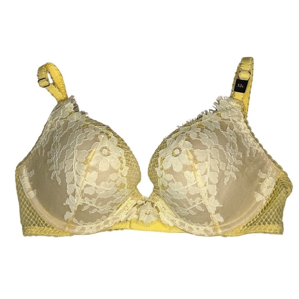 Victoria Secret Yellow Lace Dream Angle Push Up Bra Size 32C